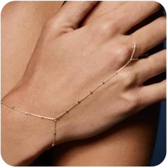 Gold Hand Chain Beads Bracelet for Women Cubic Zirconia Finger Ring - Picture 1 of 7